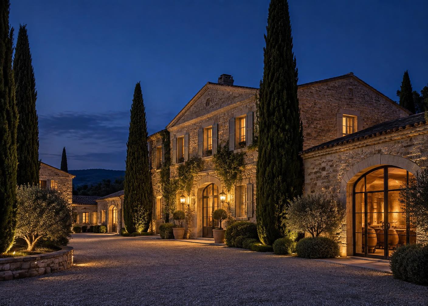 Domaine viticole en pierre à la tombée de la nuit