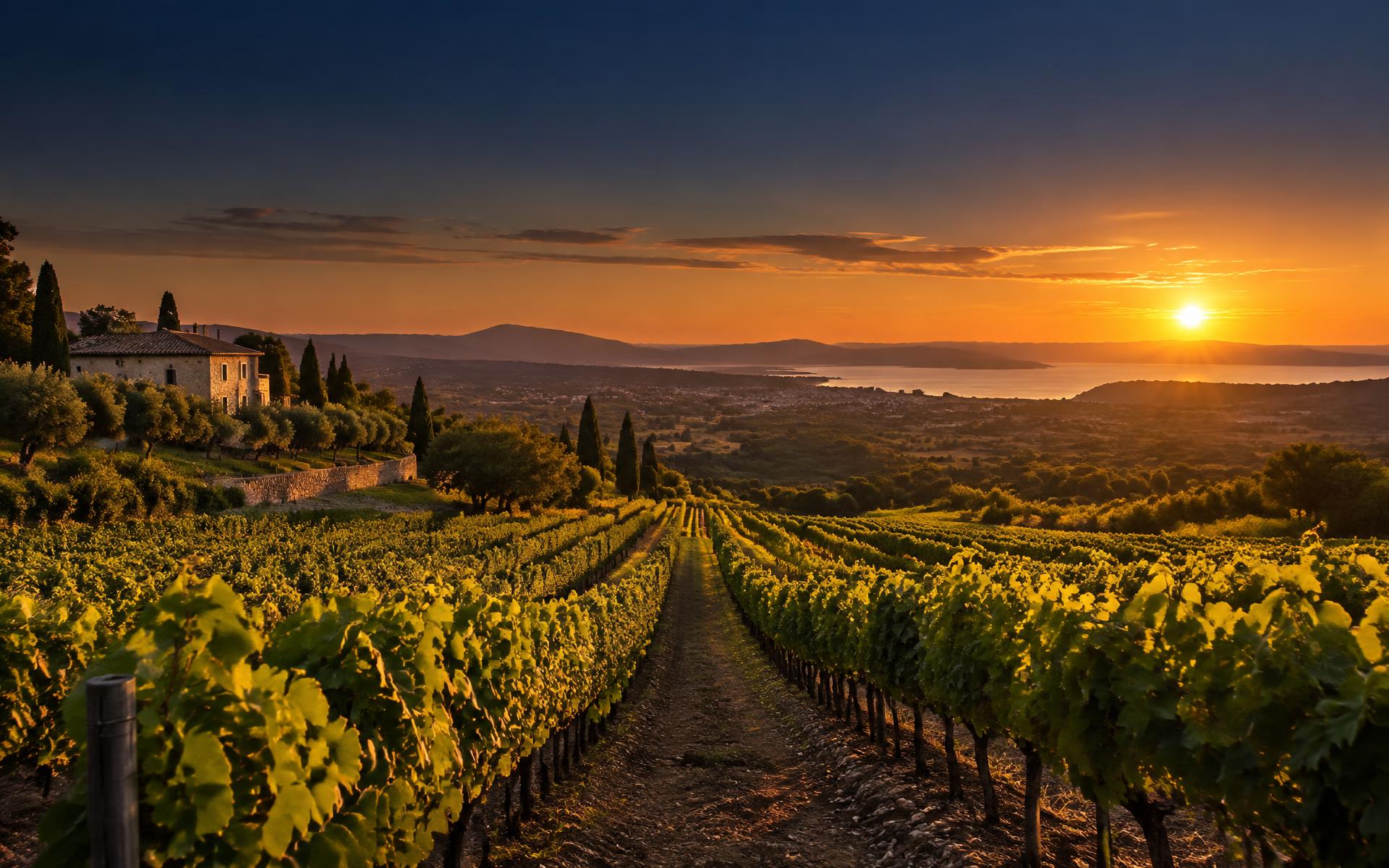Vignoble du sud de la France au coucher du soleil