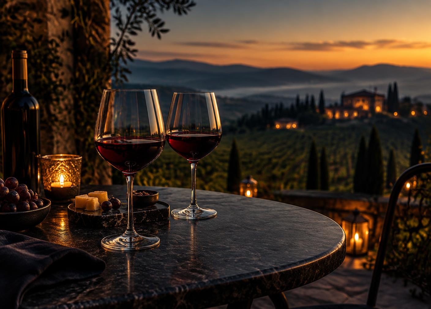 Dégustation de vin en terrasse au crépuscule